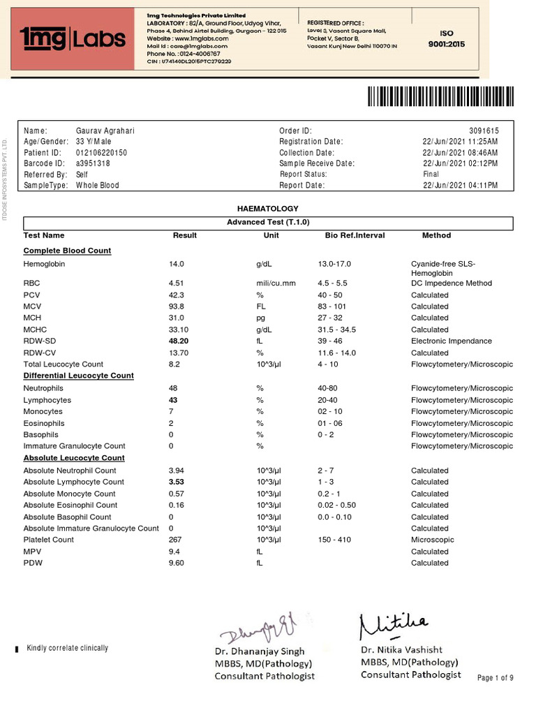 Complete Blood Count & Biochemistry Report | PDF | Low Density ...