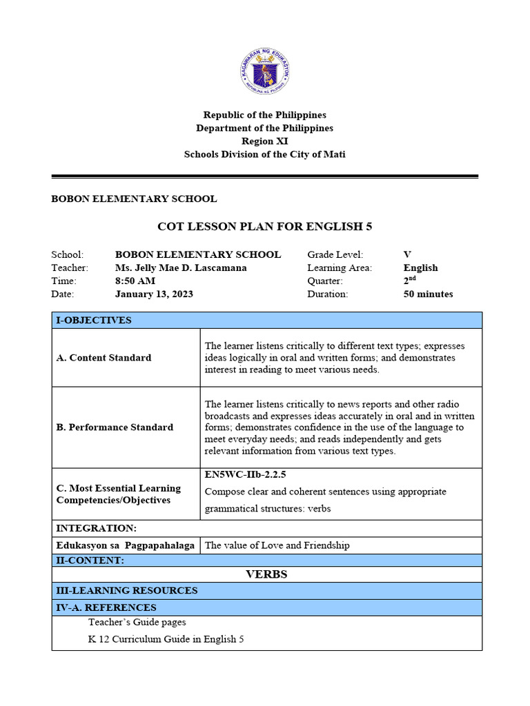 Grade 5 English COT Lesson Plan Quarter 2 | PDF | Linguistics | Grammar