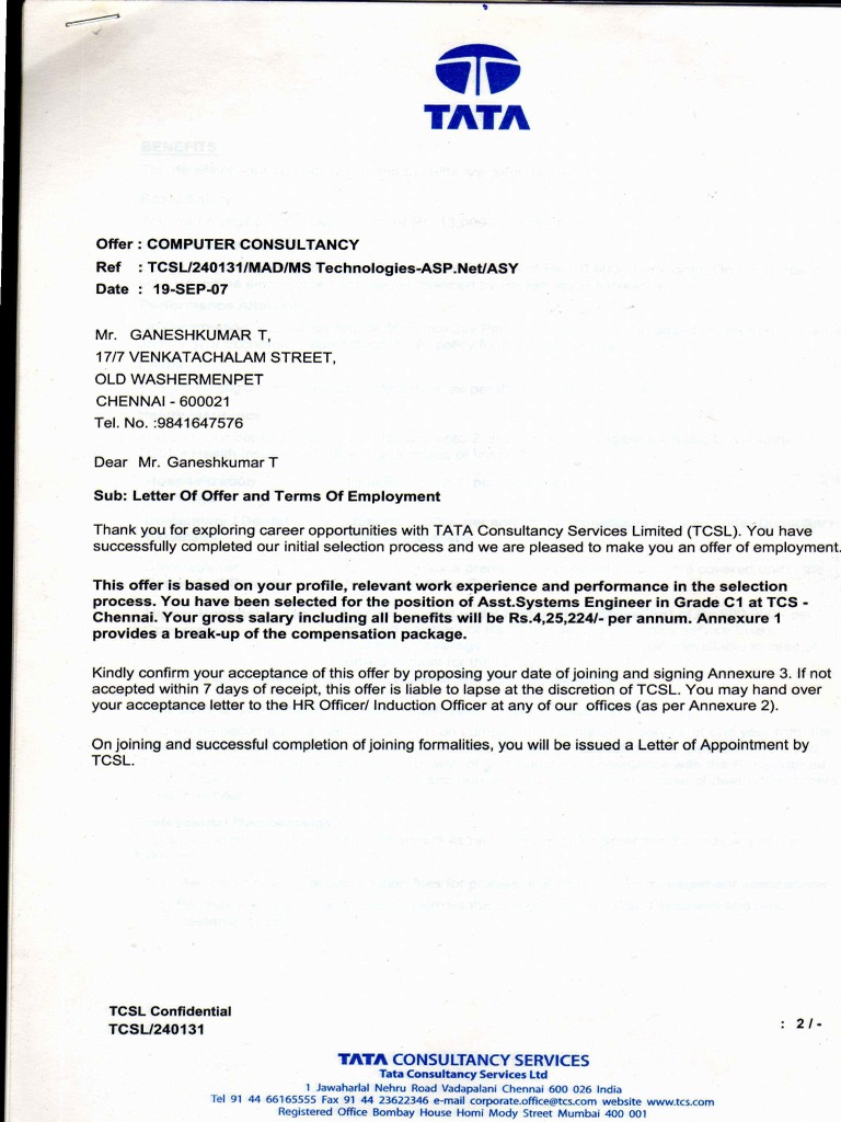 TCS Offer Letter September 2007