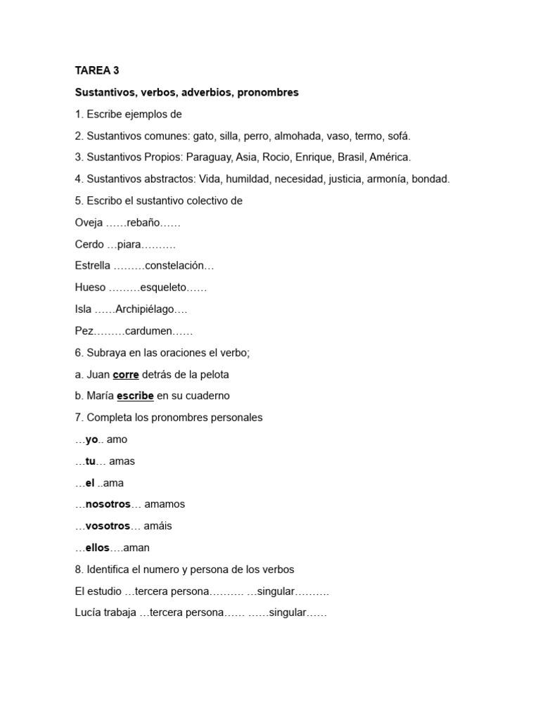 Ejemplos de Sustantivos y Verbos | PDF