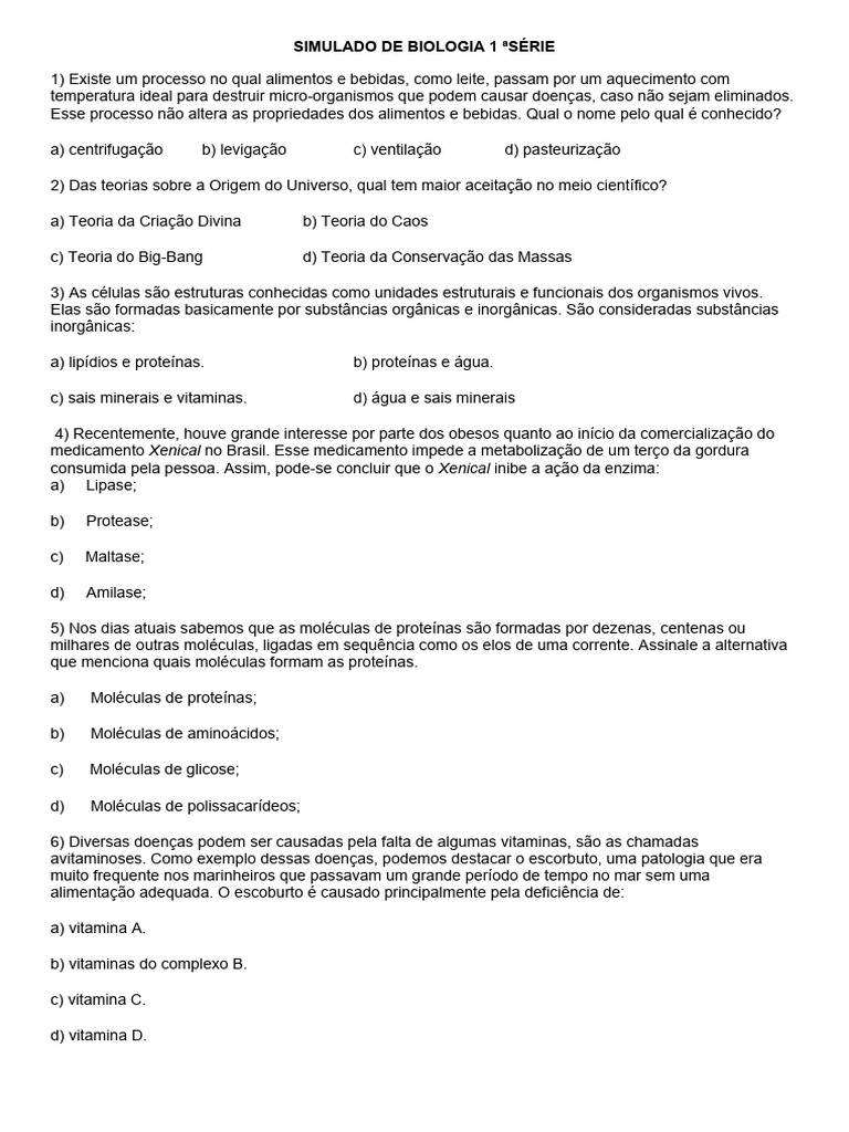 Simulado de Biologia para Ensino Médio | PDF | Membrana celular | Proteínas