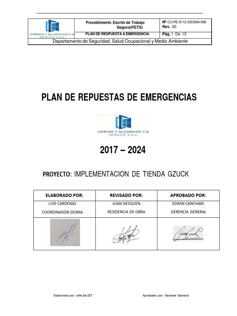 Plan de Emergencia | PDF | Seguridad y salud ocupacional | Primeros ...