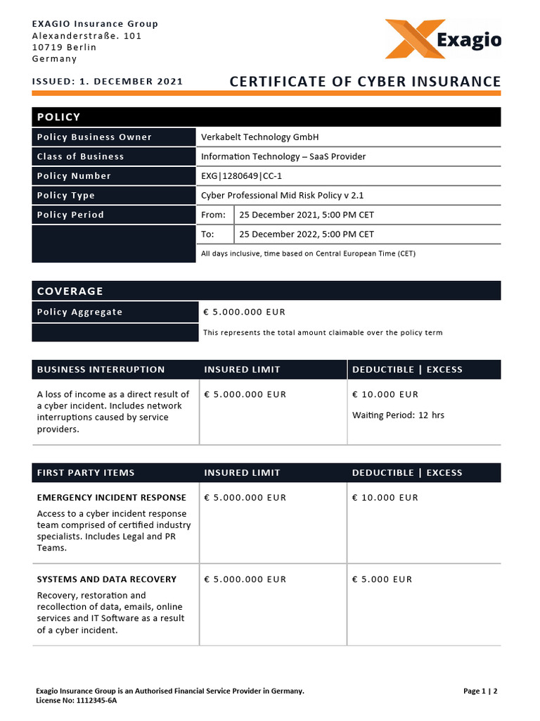Cyber Insurance Certificate | PDF | Insurance | Deductible