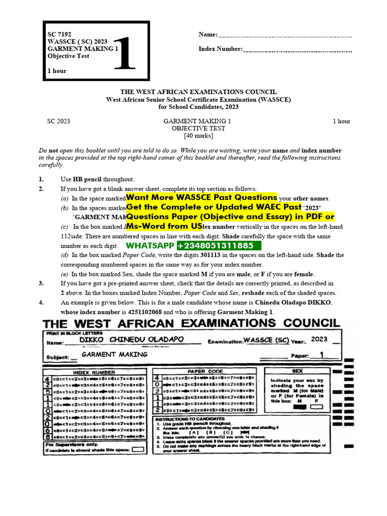 Garment Making Past Questions For WAEC SSCE | PDF