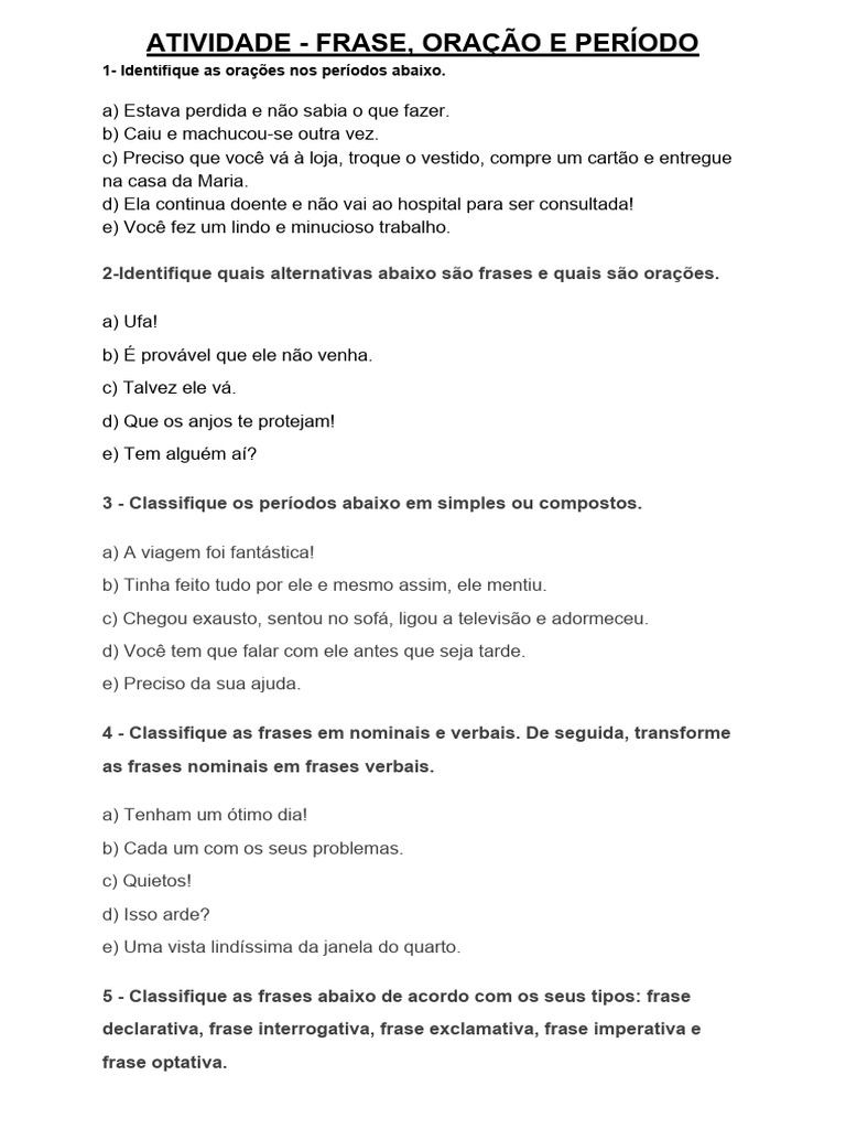 Atividades sobre Frase, Oração e Período | PDF | Oração