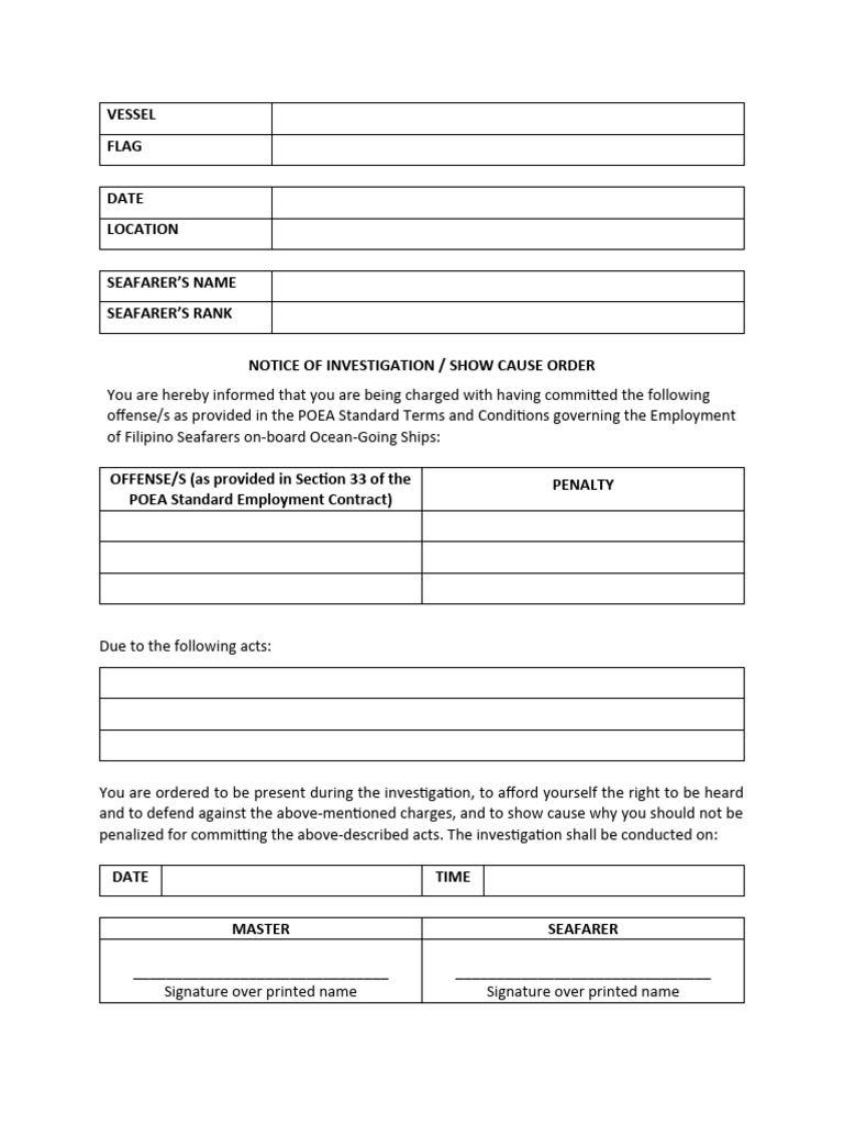 Seafarer Investigation Notice Template | PDF