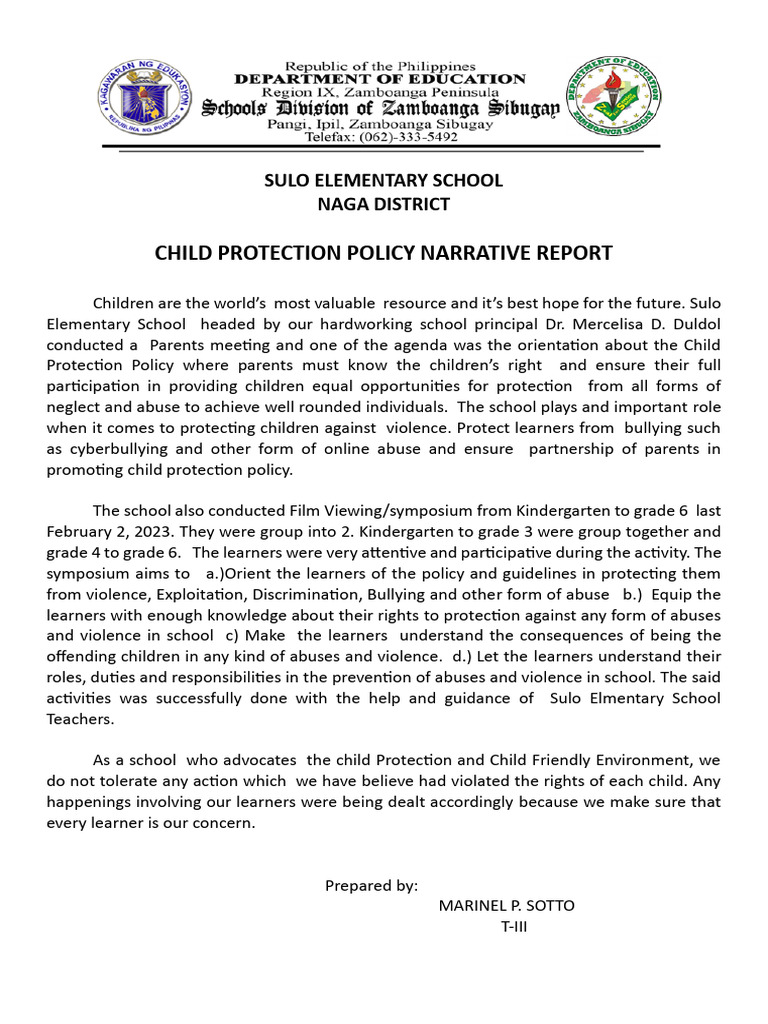 Sulo Elementary Child Protection Policy Report | PDF | Social Science ...