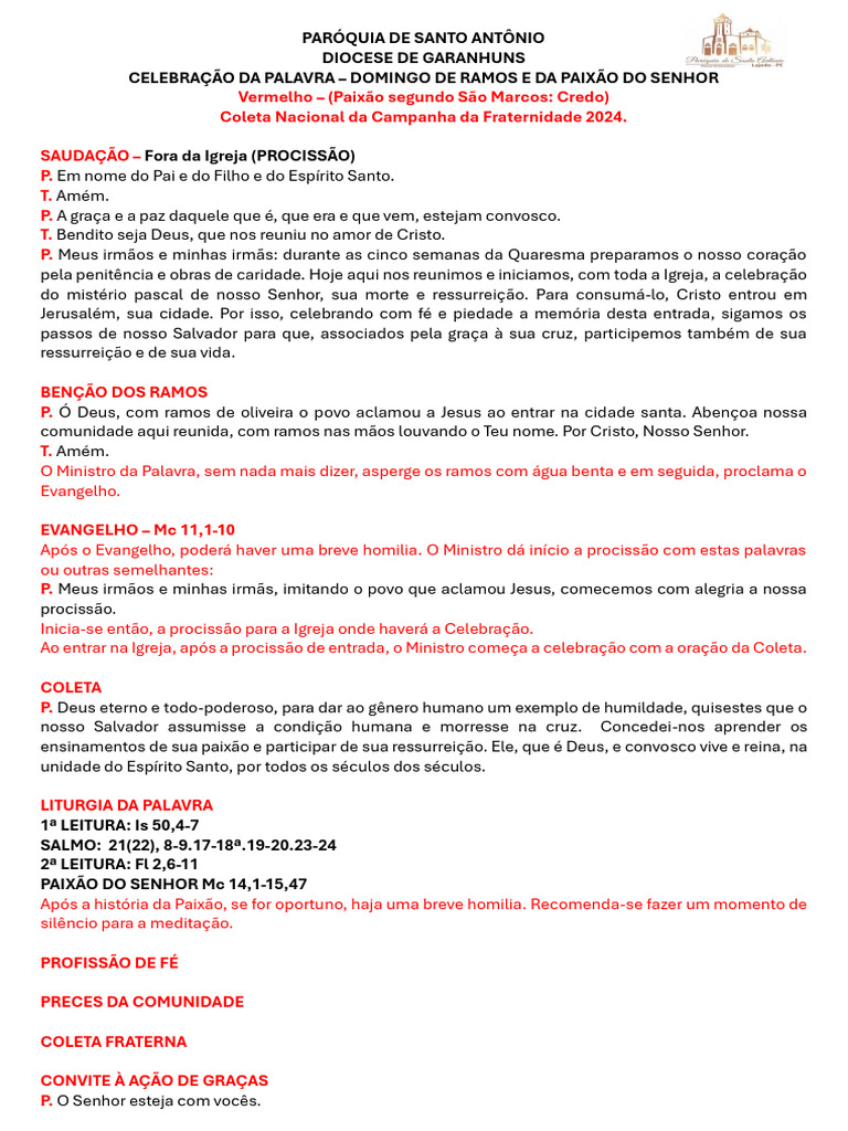 Roteiro de Celebração Da Páscoa Da Semana Santa 2024 | PDF | Páscoa | Jesus