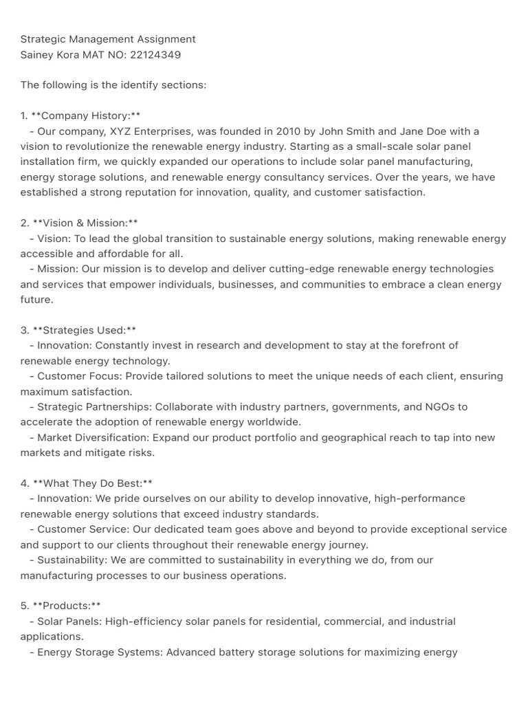 XYZ Enterprises Renewable Energy Strategy | PDF | Renewable Energy ...