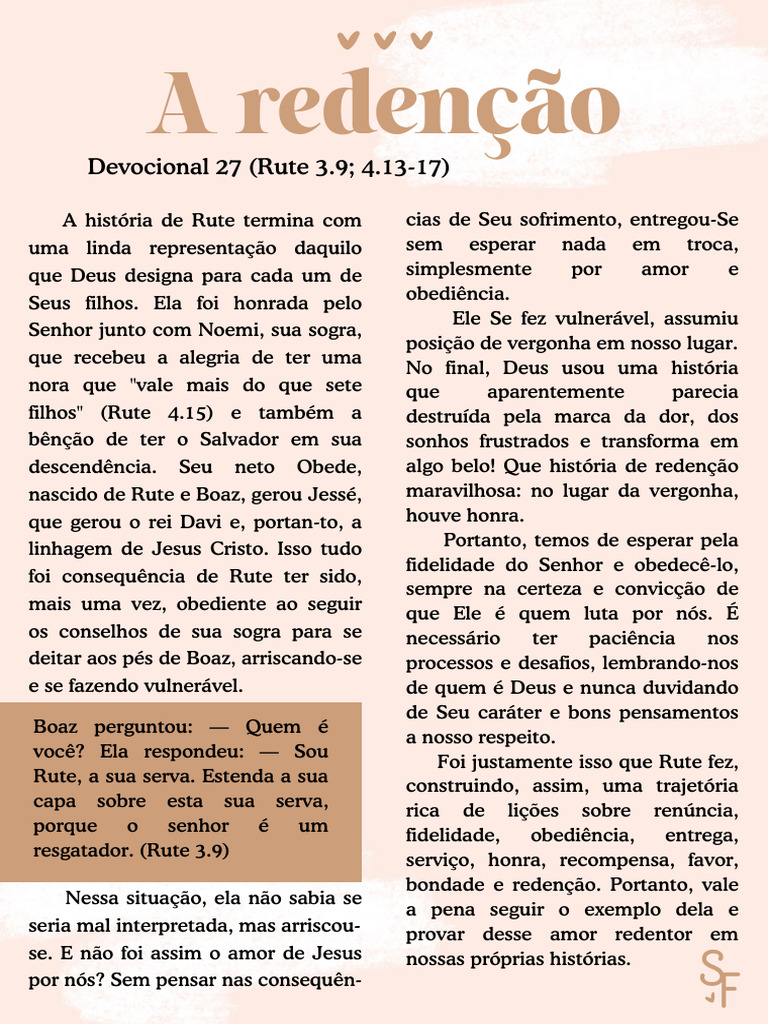 Devocional Rute (DIA 27) | PDF | Livro de Ruth | Amor