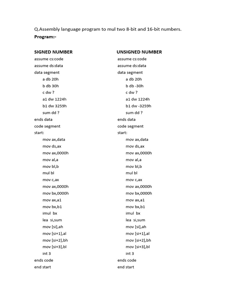 Assembly Language: Multiply 8/16-bit Numbers | PDF | Computers