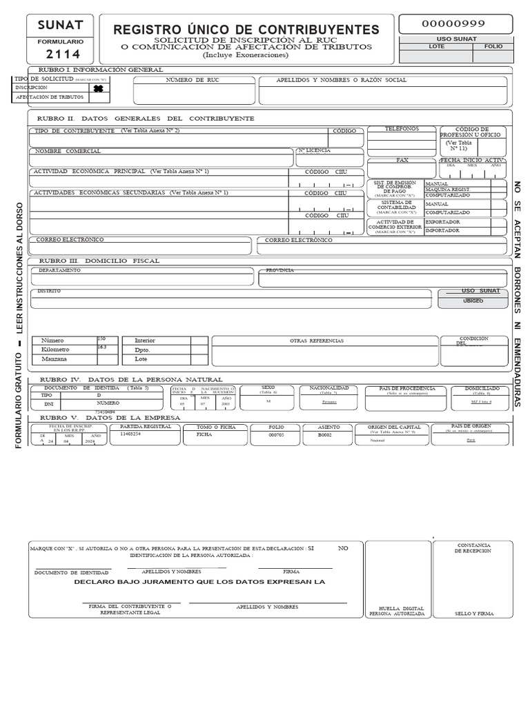 Solicitud de Inscripción RUC Perú | PDF | Documento de identidad