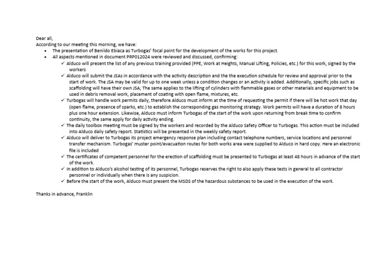 Turbogas Email For The JSA Instruction PDF Working Conditions