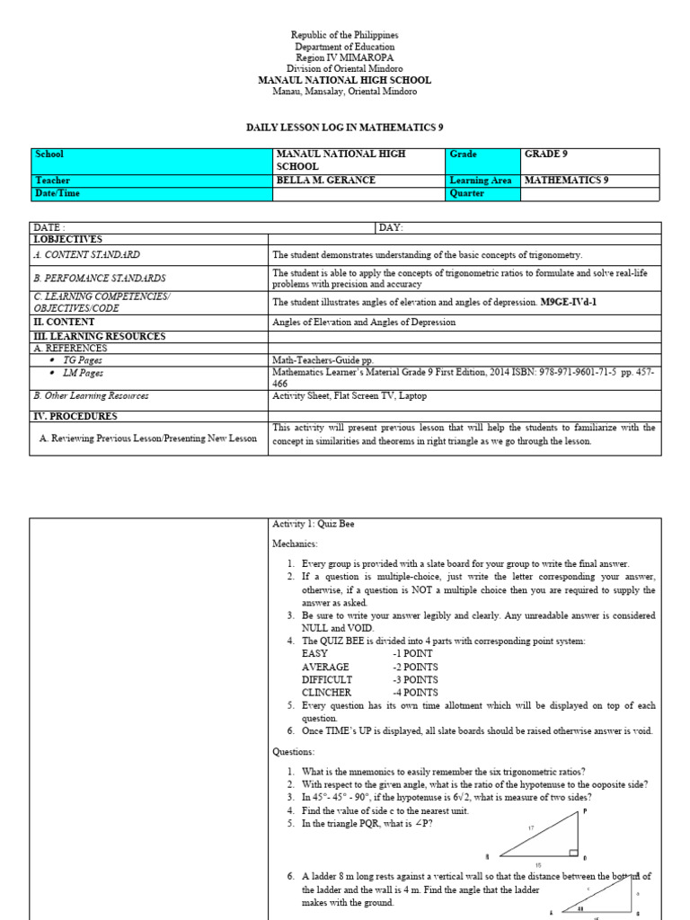 COT Angles of Elevation and Depression Download Free PDF