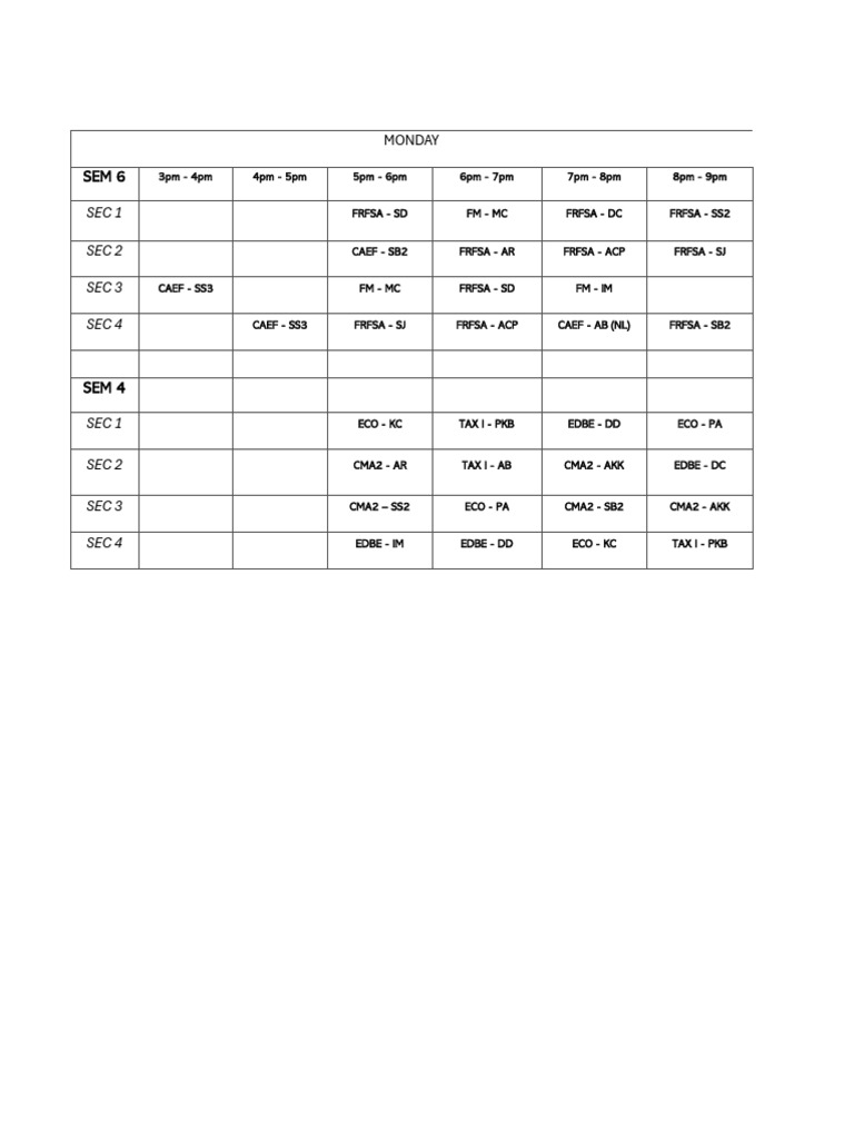 Monday Class Schedule for SEM 6 & SEM 4 | PDF
