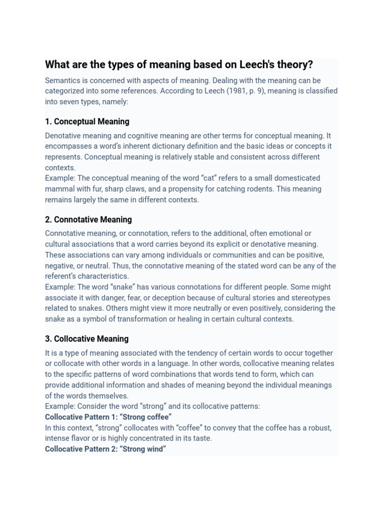 What Are The Types of Meaning Based On Leech's Theory | PDF | Semantics ...