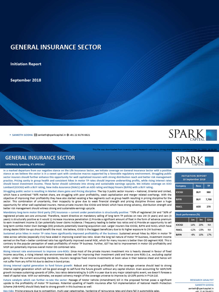 Spark Sept'18 General Insurance Initiation | PDF | Insurance | Investing