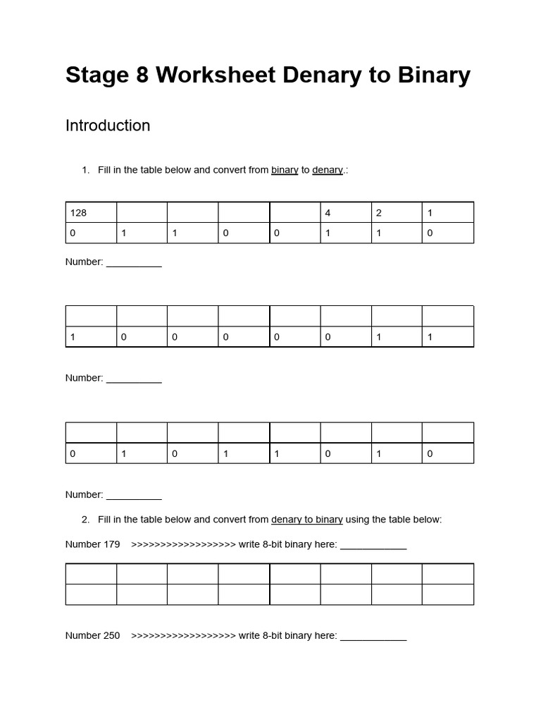 Denary to Binary Conversion Worksheet | PDF | Computer Engineering ...
