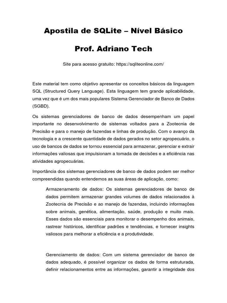 Apostila de SQLite Básico | PDF | No SQL | Bancos de dados