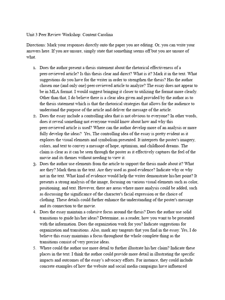 Carolina Content Essay 2 Peer Review | PDF | Essays | Peer Review