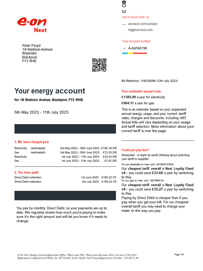 E.ON Next Energy Bill Summary 2023 | PDF | Value Added Tax | Debits And ...