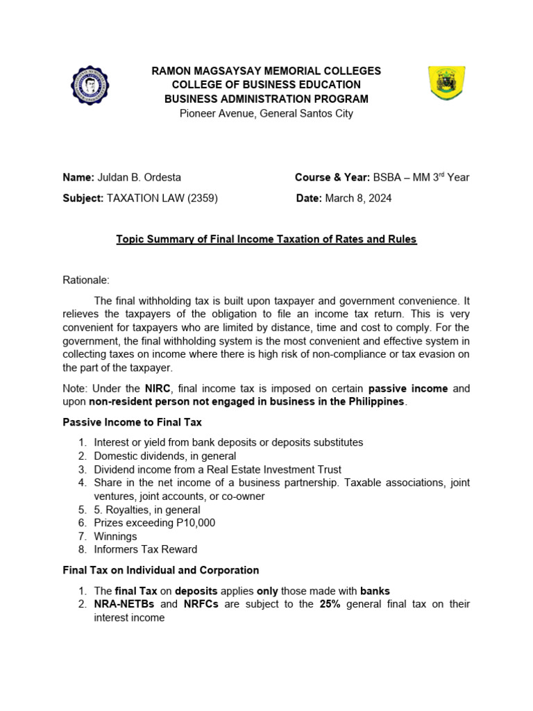 Taxation Rules for BSBA Students | PDF | Taxes | Income Tax