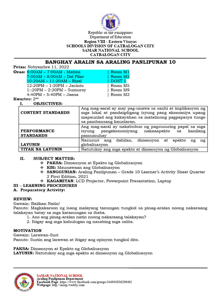 Lesson Plan Week 1 Dimensiyon Ng Globalisasyon Pdf