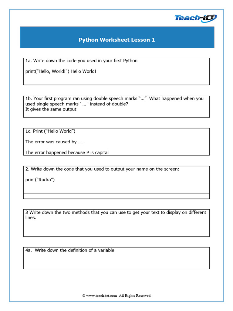 Python Worksheet Lesson 1 | PDF | Computers