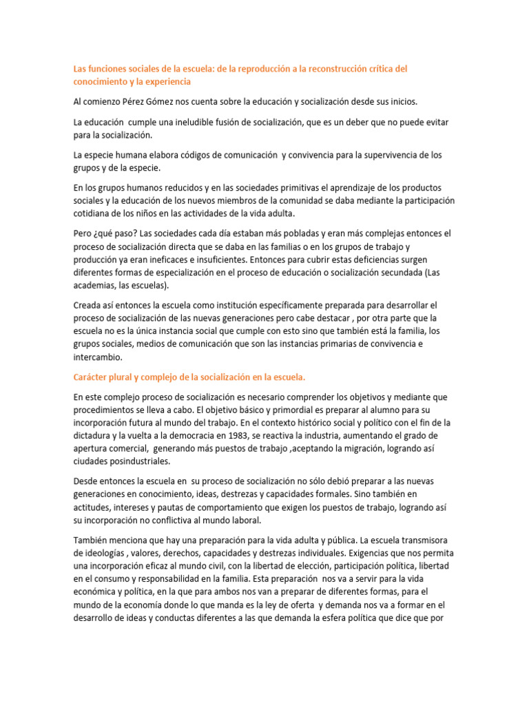 Funciones Sociales de la Escuela según Pérez Gómez | PDF | Plan de ...