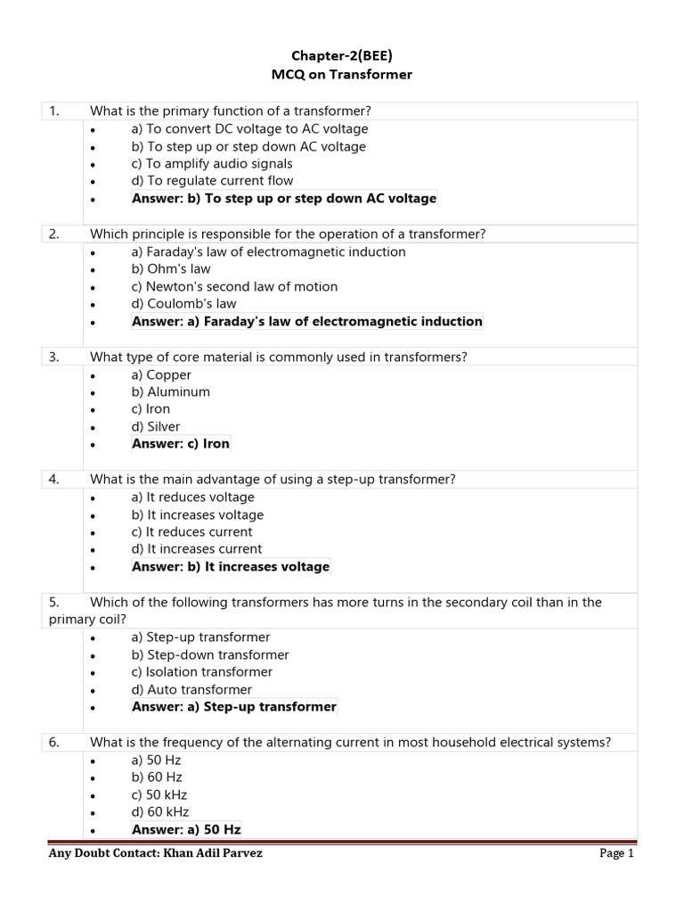 Mcq On Transformer Pdf Transformer Inductor