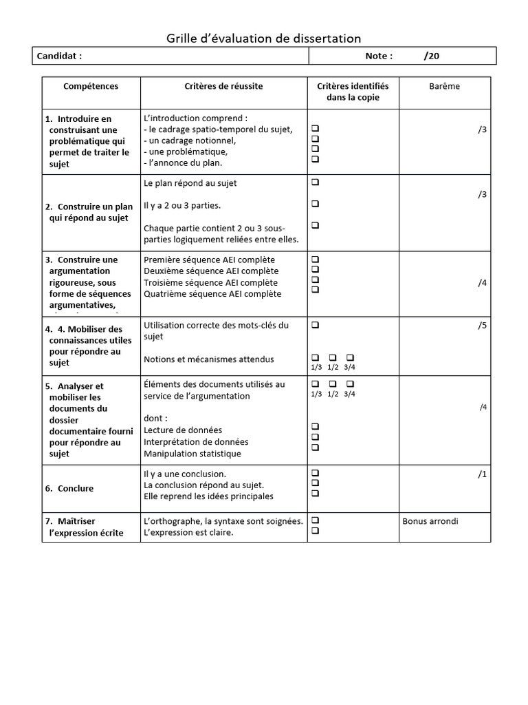 Grille d'évaluation de dissertation | PDF