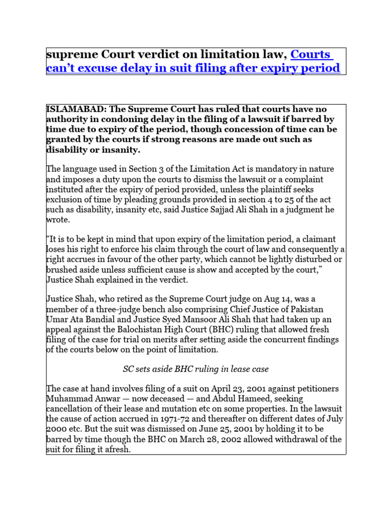 Supreme Court Verdict On Limitation Law Download Free PDF Lawsuit
