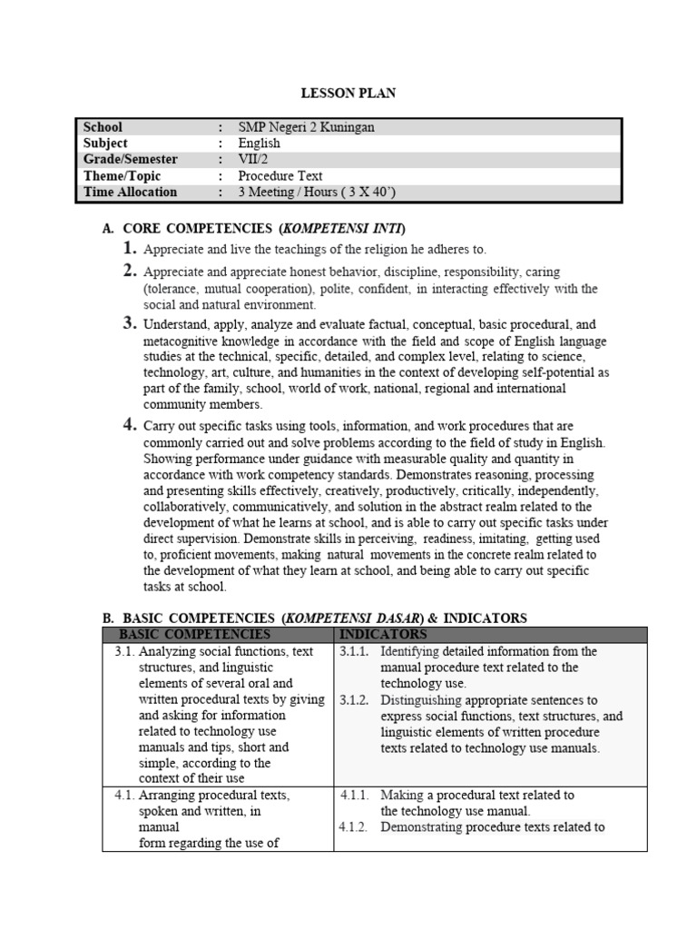English Lesson Plan: Procedure Text | PDF | Teachers | Linguistics
