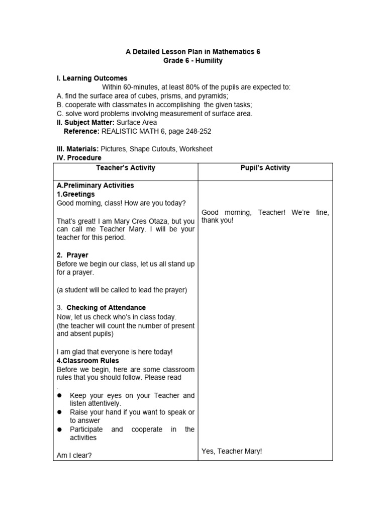 Grade 6 Lesson Plan: Surface Area | PDF | Area | Length