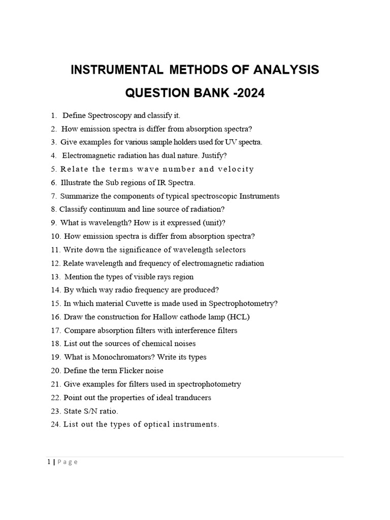 Instrumental Analysis Question Bank 2024 | PDF | Chromatography ...