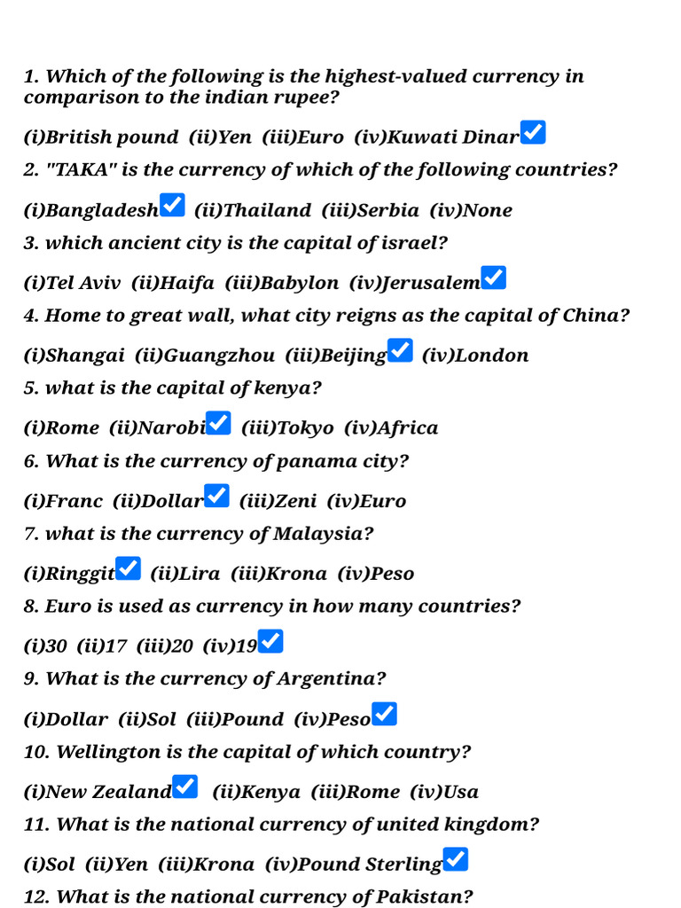 Question's On Countries Capital and Currencies | PDF | Currency ...