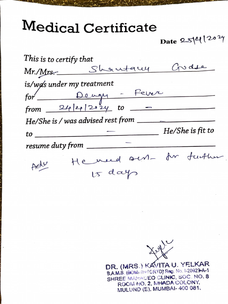 Medical Certificate from Dr. Kavita Yelkar | PDF