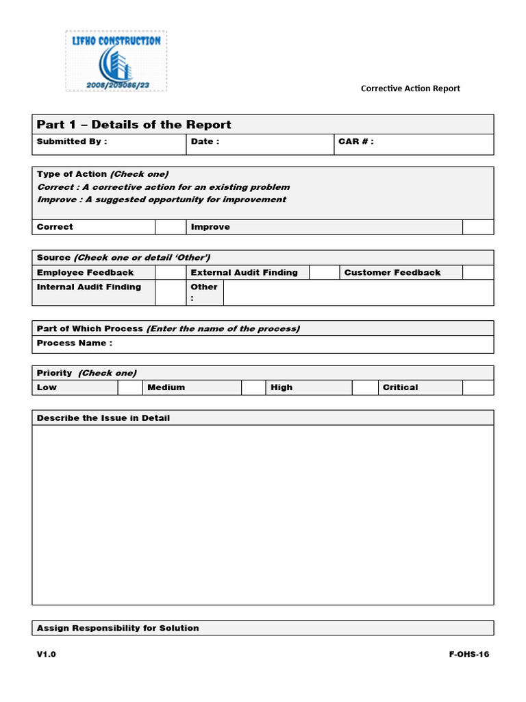 Corrective Action Report Template | PDF