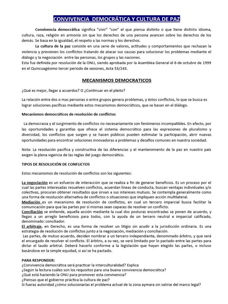 Convivencia Democrática y Cultura de Paz | PDF | Arbitraje