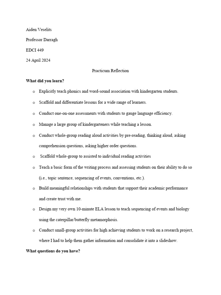 Edci 449 Practicum Reflection | PDF | Phonics | Pedagogy
