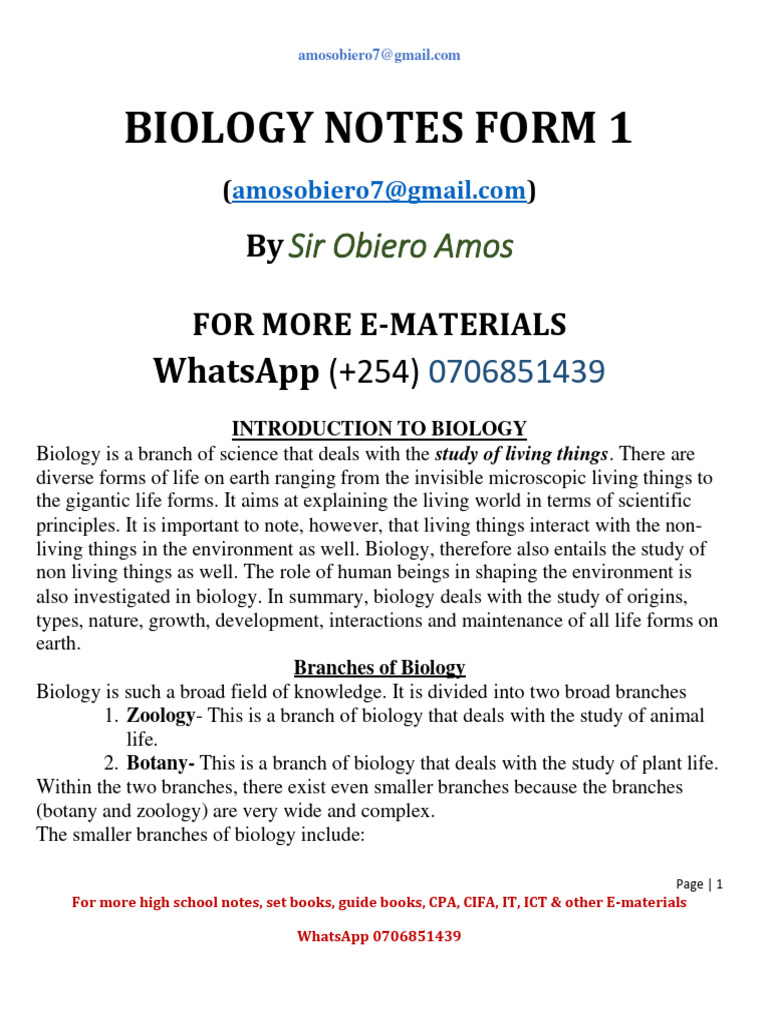 Form One Biology Notes-1 | PDF | Endoplasmic Reticulum | Mitochondrion