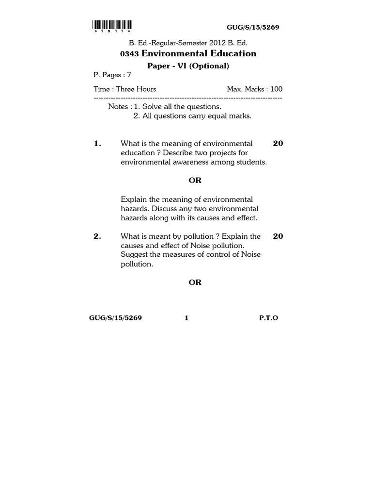 Environmental Education Exam Paper | PDF | Pollution | Environmental ...