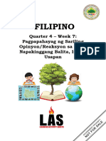 FILIPINO - 6 - Q4 - WK7 - Pagpapahayag NG Sariling Opinyon-Reaksyon Sa Isang Napakinggang Balita, Isyu o Usapan