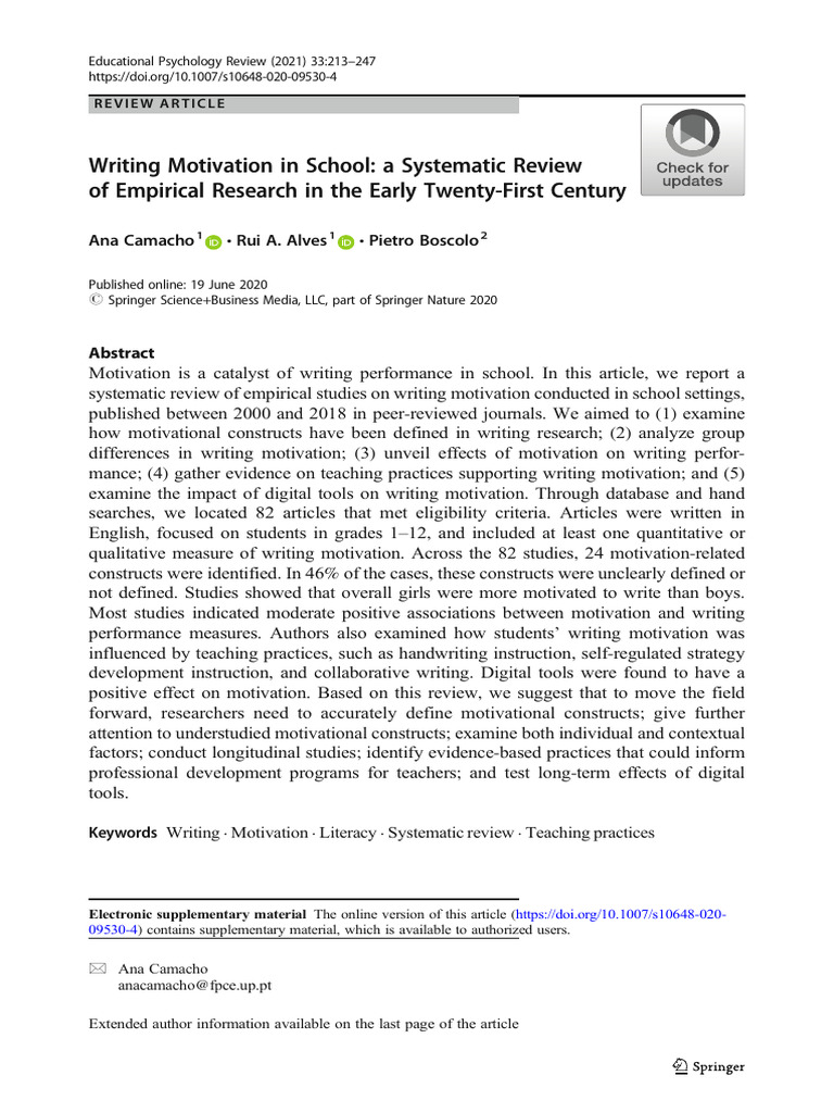 Writing Motivation in School A Systematic Review of Empirical Research ...
