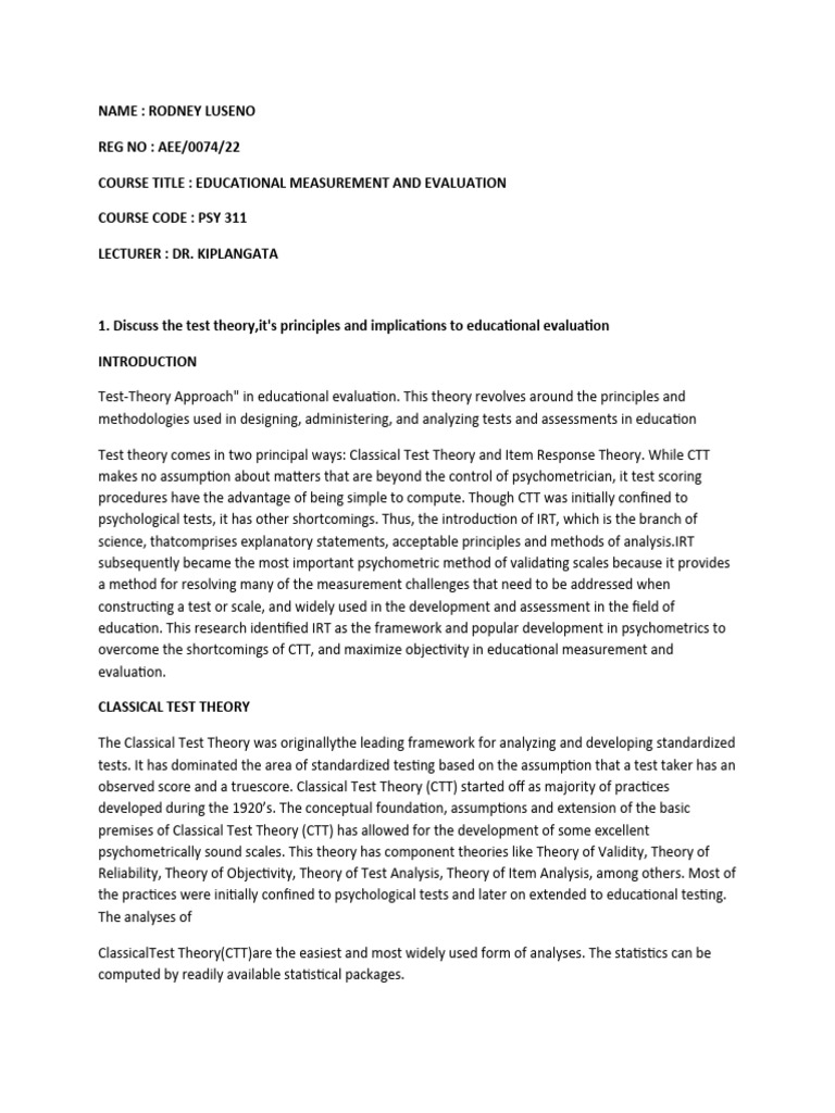 Test Theory in Educational Evaluation | PDF | Educational Assessment ...