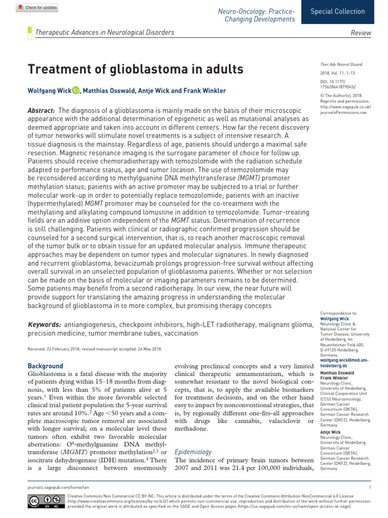 Wick Et Al 2018 Treatment of Glioblastoma in Adults | PDF | Glioma ...