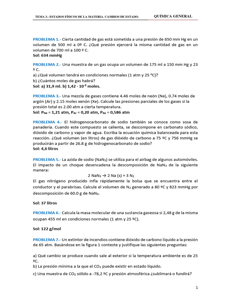 Problemas de Estados Físicos y Gases | PDF | Gases | Mole (Unidad)