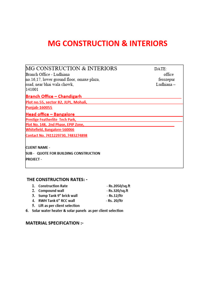 Building Construction Quote & Rates | PDF | Paint | Concrete