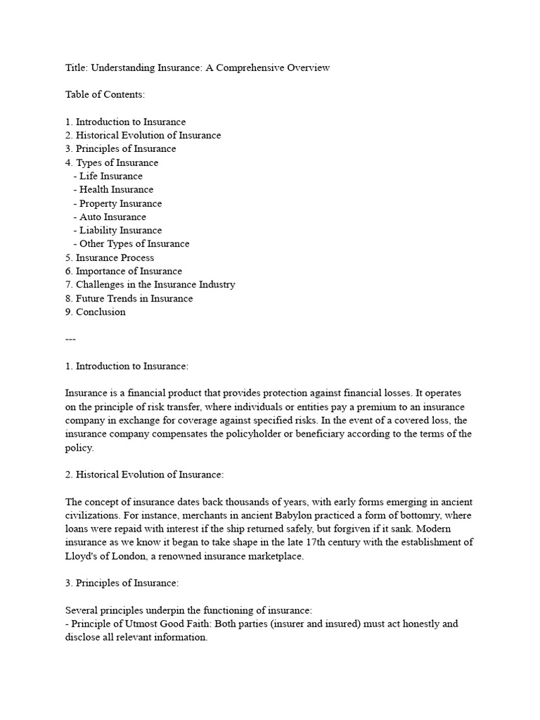 Understanding Insurance A Comprehensive Overview Pdf Insurance Risk