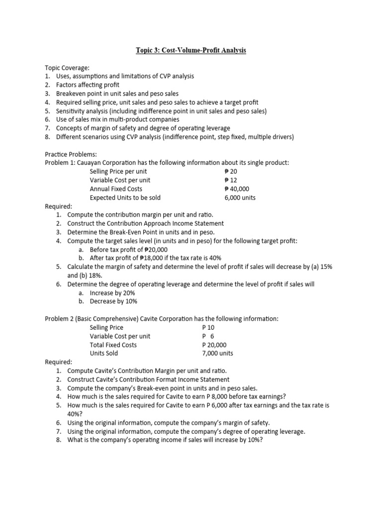 Topic 3 CVP Analysis Handout | PDF | Business Economics | Financial ...